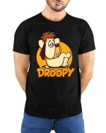 Sleepy Droopy Cartoon Dog Funny Retro Graphic T-Shirt Style - model wearing black tee with hands behind back