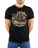 Viking Kong Warrior Norse Myth Retro Graphic T-Shirt Style - model wearing black tee with hands behind back