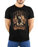High On Catnip Retro Vintage Cat Funny Graphic T-Shirt - model wearing black tee with hands behind back