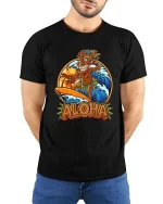 Aloha Surfing Tiki Hawaiian Retro Summer Graphic T-Shirt - model wearing black tee with hands behind back