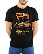 Mustang Sports Car Retro Muscle Graphic Performance T-Shirt - model wearing black tee with hands behind back