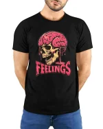 Dark Humor Feelings Skull Brain Drip Graphic T-Shirt Style - model wearing black tee with hands behind back
