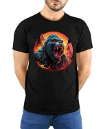 Fierce Gorilla Roar Wild Power Graphic Animal T-Shirt - model wearing black tee with hands behind back