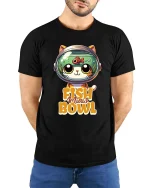 Funny Fish In My Bowl Cute Cat Helmet Graphic T-Shirt - model wearing black tee with hands behind back