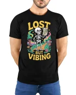 Lost But Vibing Funny Skeleton Retro Adventure Graphic T-Shirt - model wearing black tee with hands behind back