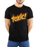 Toxic Flame Retro Warning Graphic Bold Style T-Shirt - model wearing black tee with hands behind back