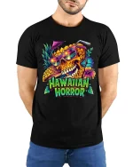 Hawaiian Horror Skull Tropical Neon Graphic Style T-Shirt - model wearing black tee with hands behind back