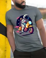 Astronaut Riding Scooter Retro Space Adventure Graphic T-Shirt - model wearing grey tee, leaning on column