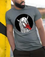 Dark Gothic Nun Horror Aesthetic Graphic T-Shirt Style - model wearing grey tee, leaning on column