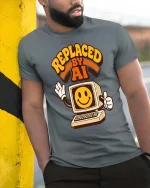 Replaced By AI Retro Computer Humor Graphic T-Shirt Style - model wearing grey tee, leaning on column