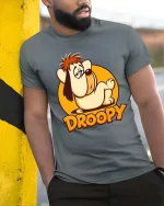 Sleepy Droopy Cartoon Dog Funny Retro Graphic T-Shirt Style - model wearing grey tee, leaning on column