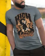 High On Catnip Retro Vintage Cat Funny Graphic T-Shirt - model wearing grey tee, leaning on column