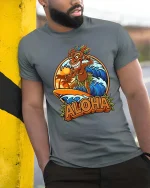 Aloha Surfing Tiki Hawaiian Retro Summer Graphic T-Shirt - model wearing grey tee, leaning on column