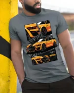 Mustang Sports Car Retro Muscle Graphic Performance T-Shirt - model wearing grey tee, leaning on column