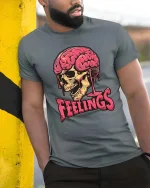 Dark Humor Feelings Skull Brain Drip Graphic T-Shirt Style - model wearing grey tee, leaning on column