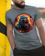 Fierce Gorilla Roar Wild Power Graphic Animal T-Shirt - model wearing grey tee, leaning on column