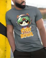 Funny Fish In My Bowl Cute Cat Helmet Graphic T-Shirt - model wearing grey tee, leaning on column