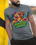 Hawaiian Horror Skull Tropical Neon Graphic Style T-Shirt - model wearing grey tee, leaning on column