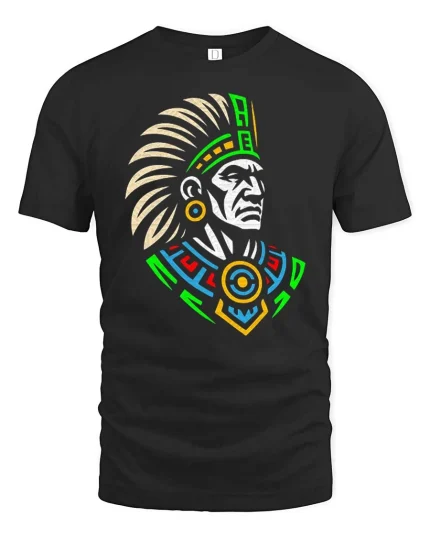 Aztec Warrior Tribal Art Inspired Graphic Vintage Style Tshirt - black t-shirt on white background