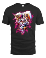 Astronaut Playing Guitar Retro Music Space Art Graphic Tshirt - black t-shirt on white background