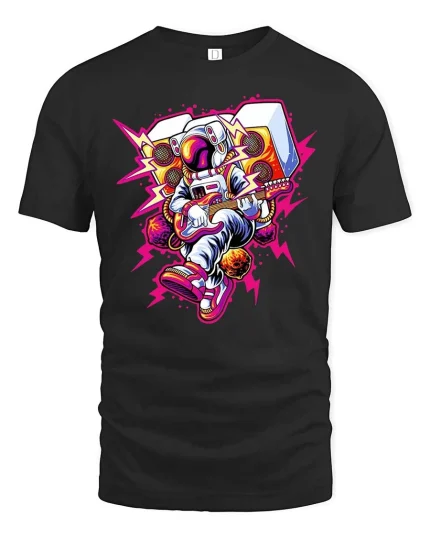 Astronaut Playing Guitar Retro Music Space Art Graphic Tshirt - black t-shirt on white background