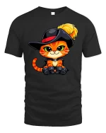 Cute Musketeer Cat Cartoon Style Funny Animal Graphic Tshirt - black t-shirt on white background