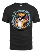Cool Tiger Listening Music Funny Cartoon Animal Graphic Tshirt - black t-shirt on white background