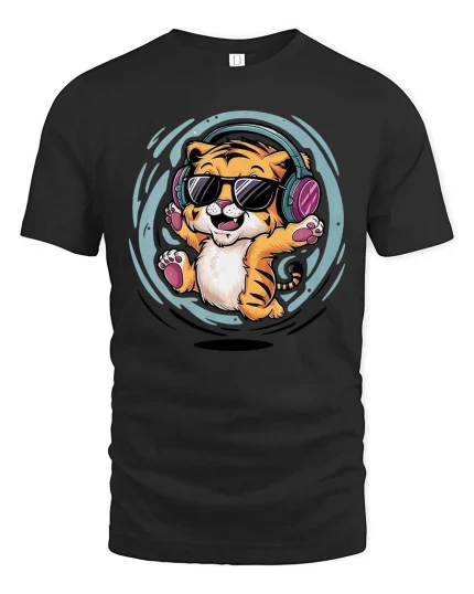 Cool Tiger Listening Music Funny Cartoon Animal Graphic Tshirt - black t-shirt on white background