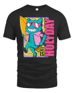 Every Day Is Holiday Surfing Cat Funny Summer Graphic Tshirt - black t-shirt on white background