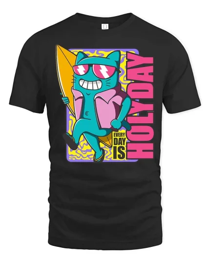 Every Day Is Holiday Surfing Cat Funny Summer Graphic Tshirt - black t-shirt on white background