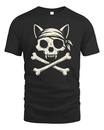 Pirate Cat Skull Crossbones Vintage Style Graphic Cool Tshirt - black t-shirt on white background