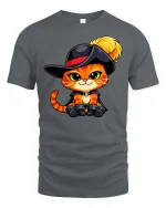 Cute Musketeer Cat Cartoon Style Funny Animal Graphic Tshirt - gray t-shirt on white background