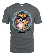 Cool Tiger Listening Music Funny Cartoon Animal Graphic Tshirt - gray t-shirt on white background