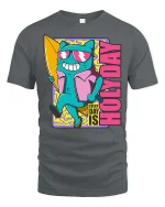 Every Day Is Holiday Surfing Cat Funny Summer Graphic Tshirt - gray t-shirt on white background
