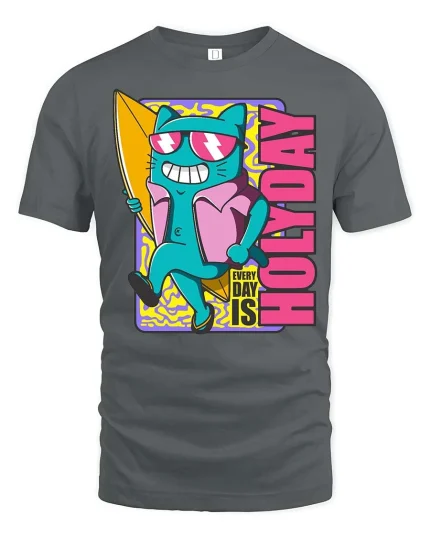 Every Day Is Holiday Surfing Cat Funny Summer Graphic Tshirt - gray t-shirt on white background