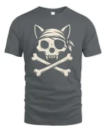 Pirate Cat Skull Crossbones Vintage Style Graphic Cool Tshirt - gray t-shirt on white background