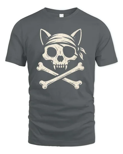 Pirate Cat Skull Crossbones Vintage Style Graphic Cool Tshirt - gray t-shirt on white background