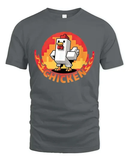 Funny Pixel Chicken Retro Gaming Style Humor Graphic Tshirt - gray t-shirt on white background