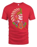 Aztec Warrior Tribal Art Inspired Graphic Vintage Style Tshirt - red t-shirt on white background
