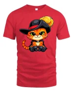 Cute Musketeer Cat Cartoon Style Funny Animal Graphic Tshirt - red t-shirt on white background