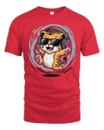 Cool Tiger Listening Music Funny Cartoon Animal Graphic Tshirt - red t-shirt on white background