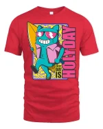 Every Day Is Holiday Surfing Cat Funny Summer Graphic Tshirt - red t-shirt on white background