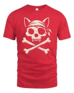 Pirate Cat Skull Crossbones Vintage Style Graphic Cool Tshirt - red t-shirt on white background