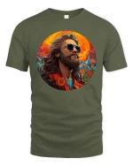 Vintage Style Bearded Man Artistic Portrait Cool Graphic Tshirt - military green t-shirt on white background