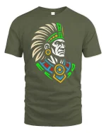 Aztec Warrior Tribal Art Inspired Graphic Vintage Style Tshirt - military green t-shirt on white background