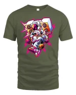 Astronaut Playing Guitar Retro Music Space Art Graphic Tshirt - military green t-shirt on white background