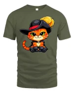 Cute Musketeer Cat Cartoon Style Funny Animal Graphic Tshirt - military green t-shirt on white background