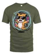 Cool Tiger Listening Music Funny Cartoon Animal Graphic Tshirt - military green t-shirt on white background