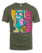 Every Day Is Holiday Surfing Cat Funny Summer Graphic Tshirt - military green t-shirt on white background