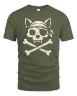 Pirate Cat Skull Crossbones Vintage Style Graphic Cool Tshirt - military green t-shirt on white background